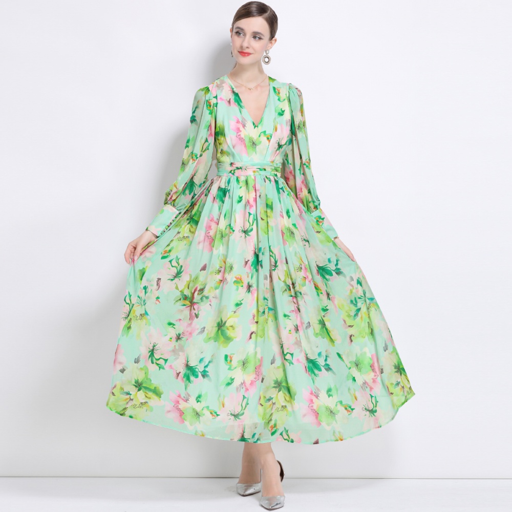Printing floral long dress long V-neck dress for women