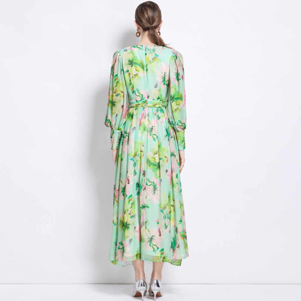 Printing floral long dress long V-neck dress for women