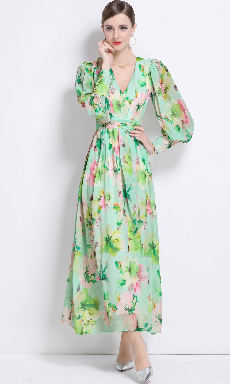 Printing floral long dress long V-neck dress for women
