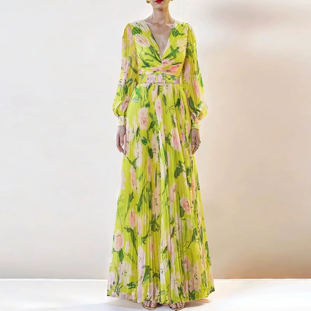 Vacation with belt long dress floral dress