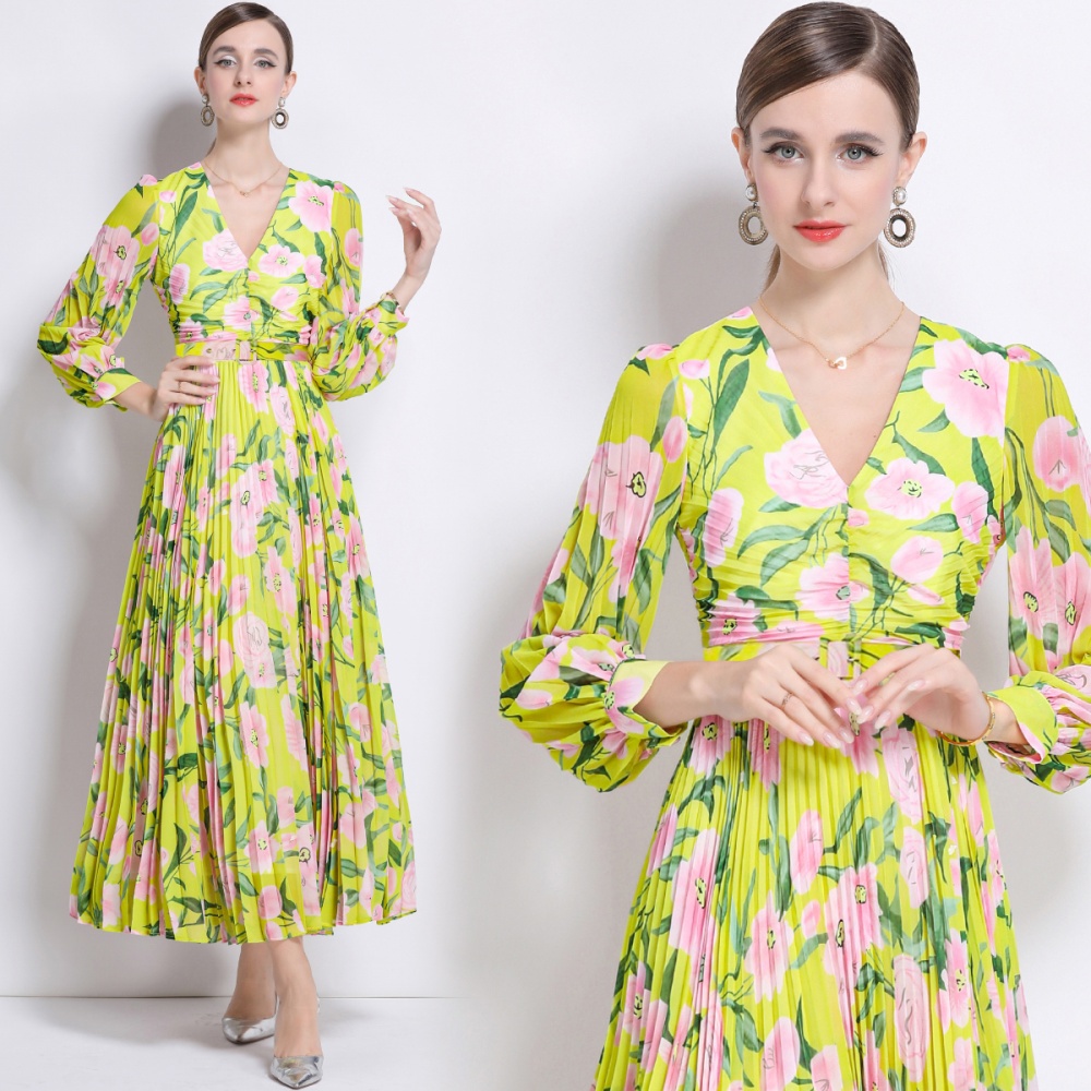 Vacation with belt long dress floral dress