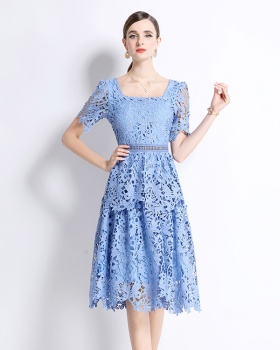 Long lace light luxury slim fashion square collar dress