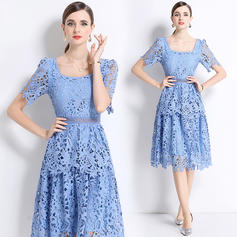 Long lace light luxury slim fashion square collar dress