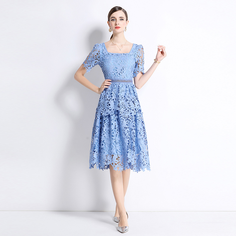 Long lace light luxury slim fashion square collar dress