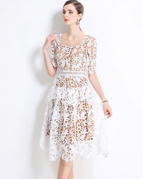 Slim light luxury long lace hollow fashion square collar dress