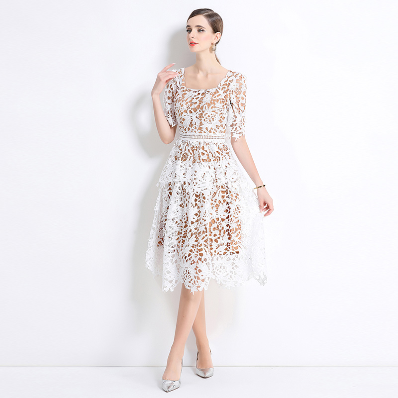 Slim light luxury long lace hollow fashion square collar dress