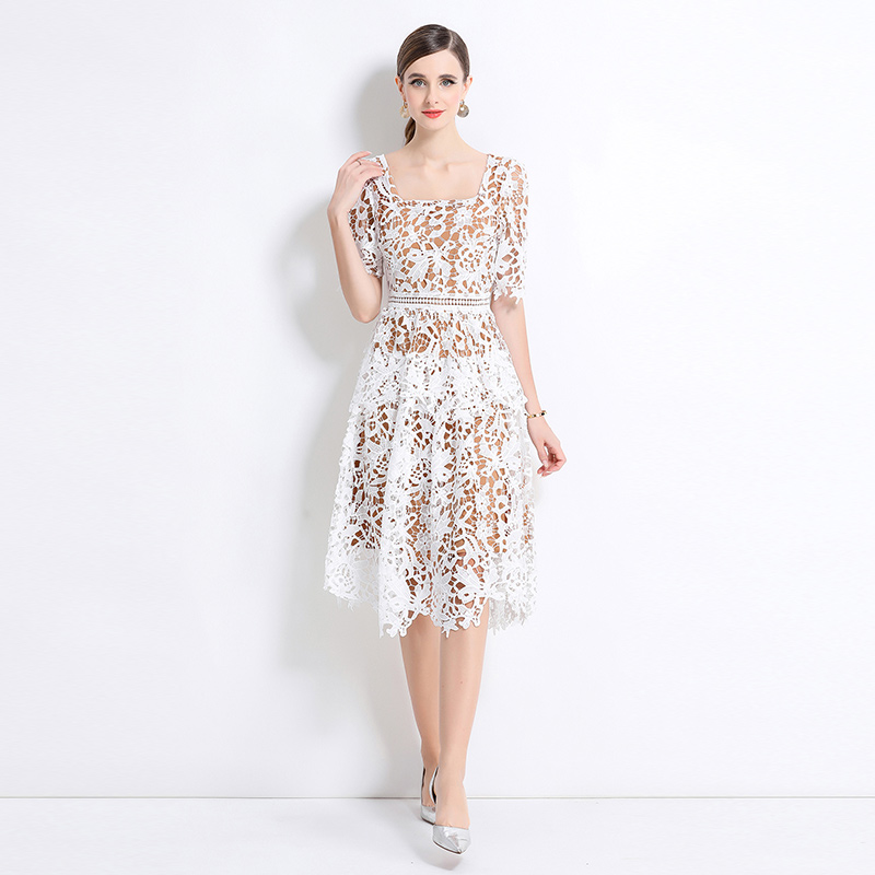 Slim light luxury long lace hollow fashion square collar dress