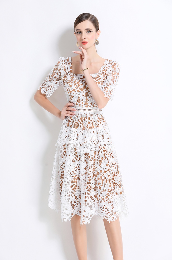 Slim light luxury long lace hollow fashion square collar dress