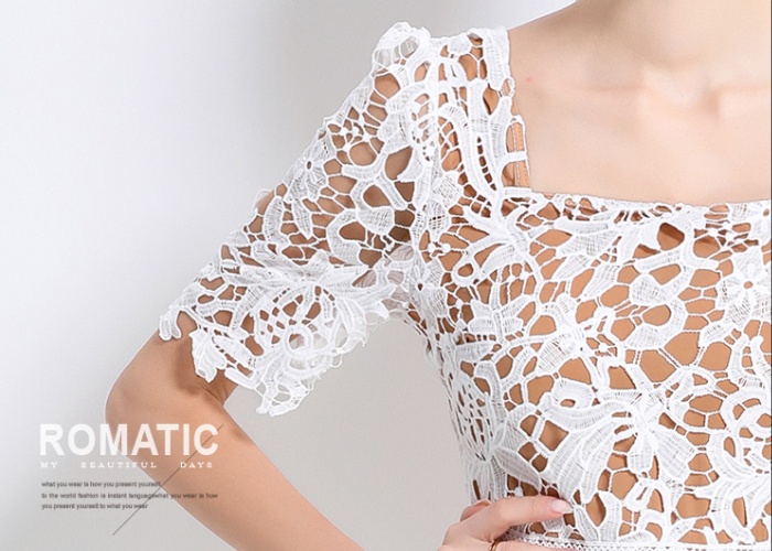 Slim light luxury long lace hollow fashion square collar dress