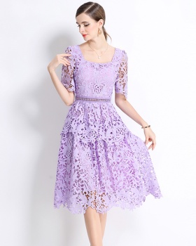 Square collar light luxury fashion long slim hollow dress