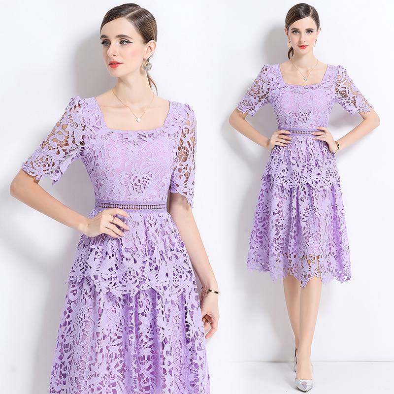 Square collar light luxury fashion long slim hollow dress