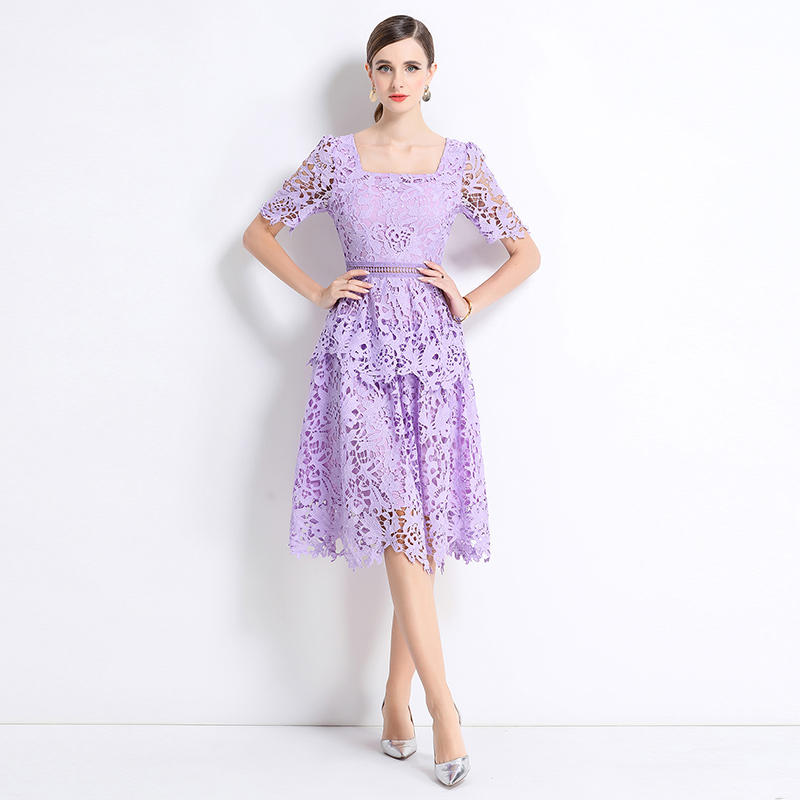 Square collar light luxury fashion long slim hollow dress