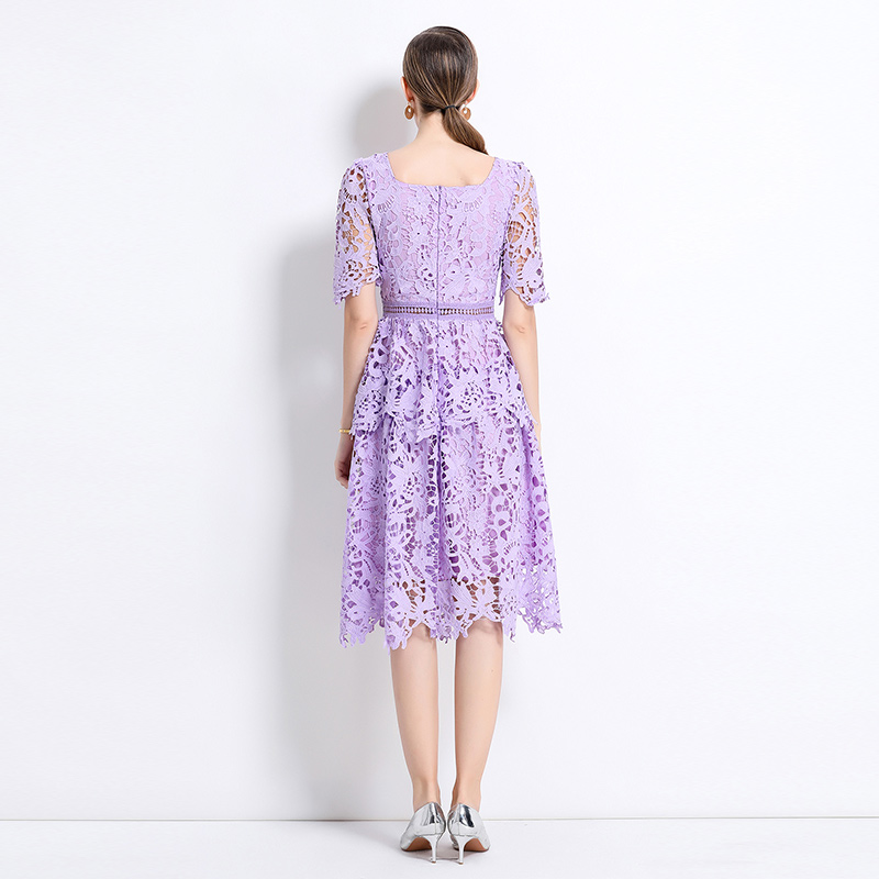Square collar light luxury fashion long slim hollow dress