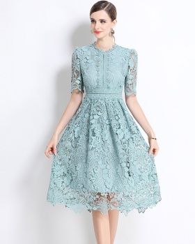 Long hollow slim short sleeve lace dress