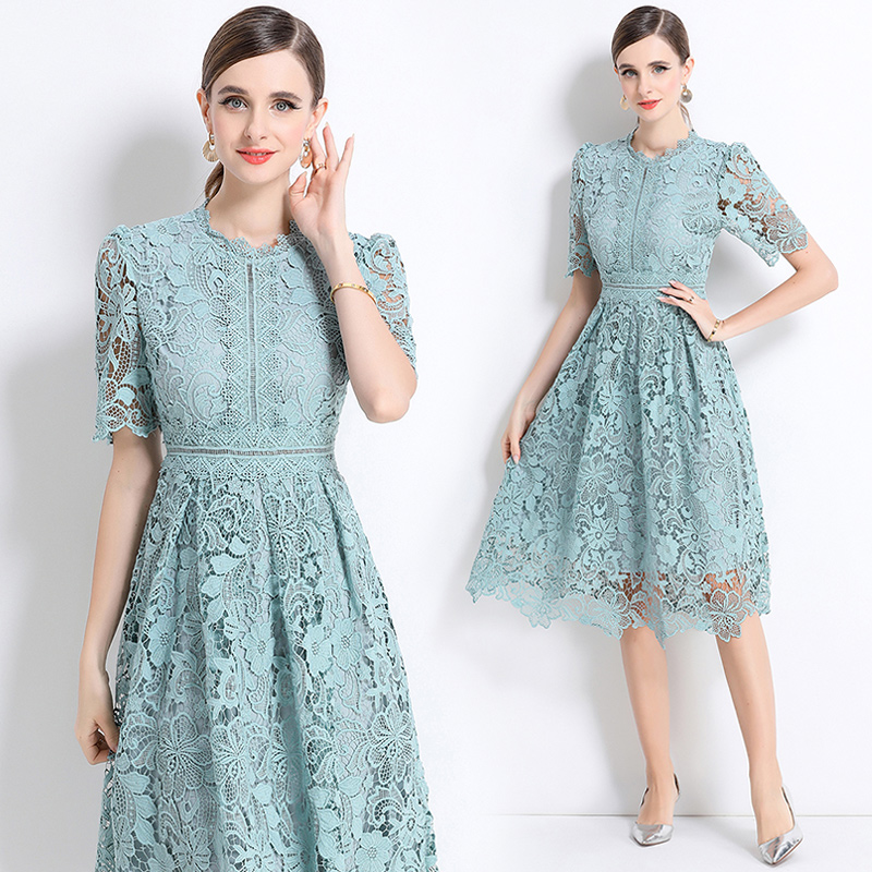 Long hollow slim short sleeve lace dress