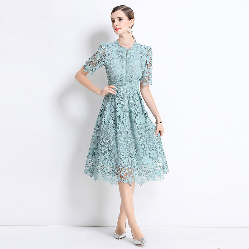 Long hollow slim short sleeve lace dress