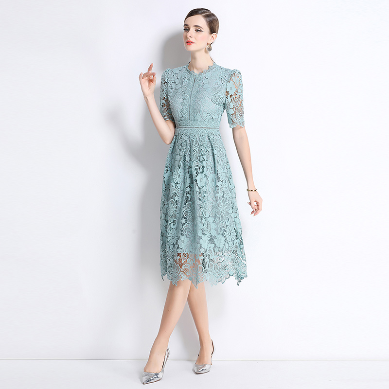 Long hollow slim short sleeve lace dress