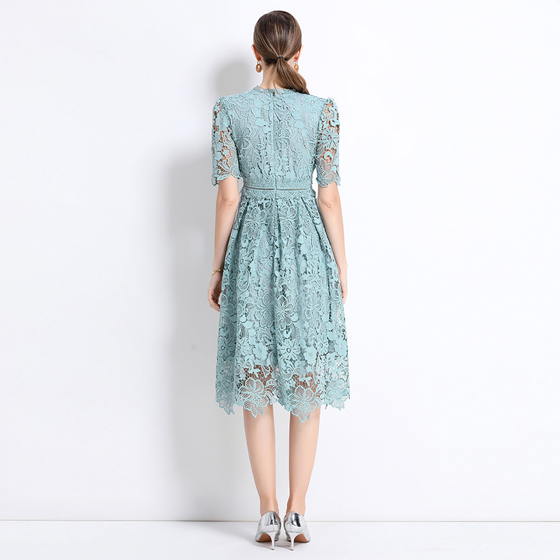 Long hollow slim short sleeve lace dress