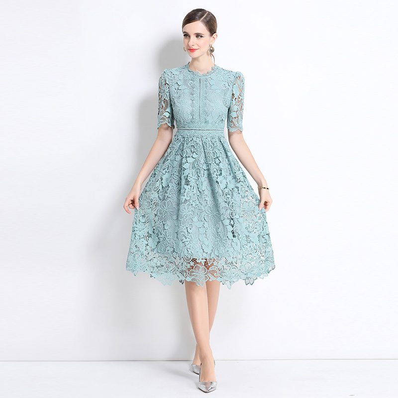 Long hollow slim short sleeve lace dress