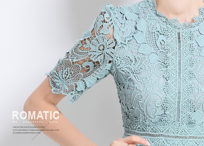 Long hollow slim short sleeve lace dress