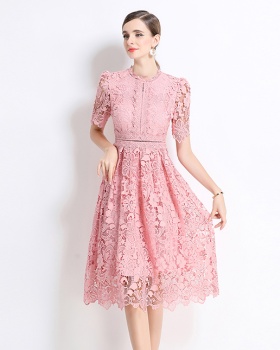 Short sleeve hollow lace long slim dress