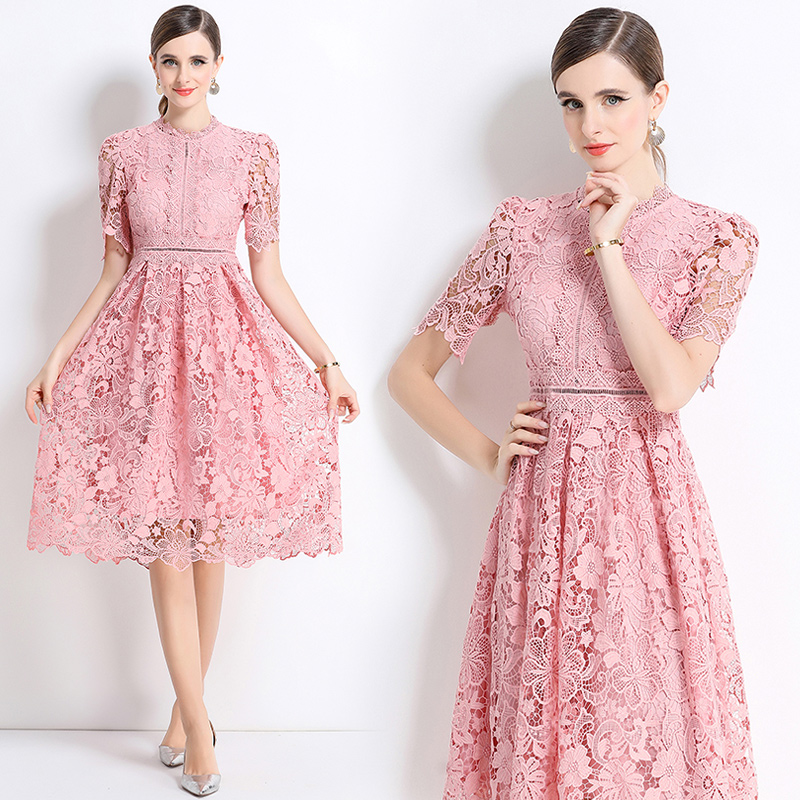 Short sleeve hollow lace long slim dress