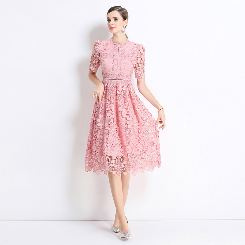 Short sleeve hollow lace long slim dress