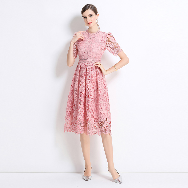 Short sleeve hollow lace long slim dress