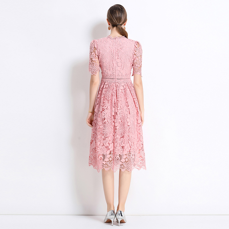 Short sleeve hollow lace long slim dress