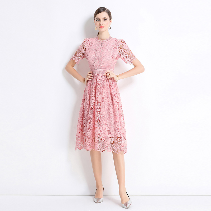 Short sleeve hollow lace long slim dress
