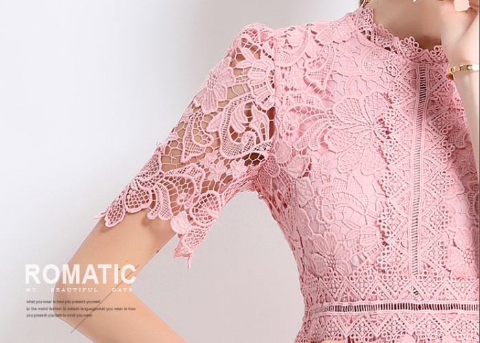 Short sleeve hollow lace long slim dress