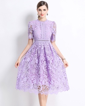 Long hollow short sleeve slim lace dress