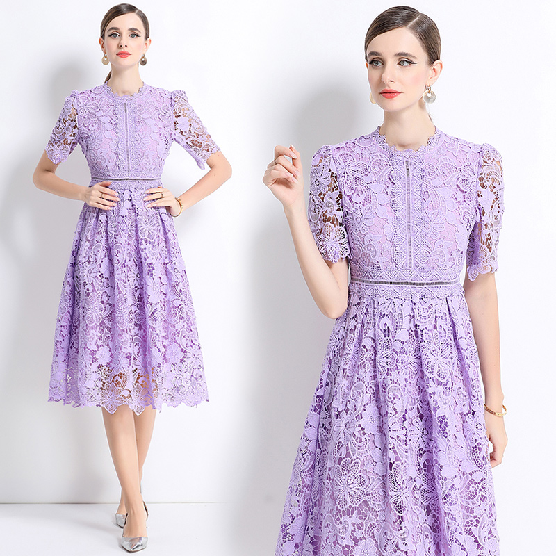 Long hollow short sleeve slim lace dress