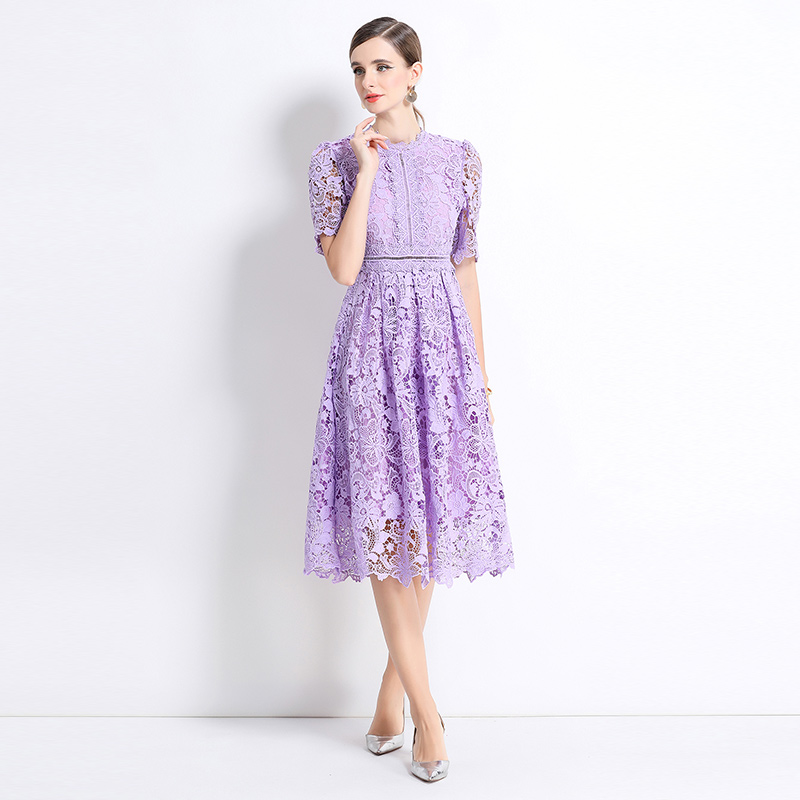 Long hollow short sleeve slim lace dress