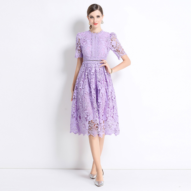 Long hollow short sleeve slim lace dress