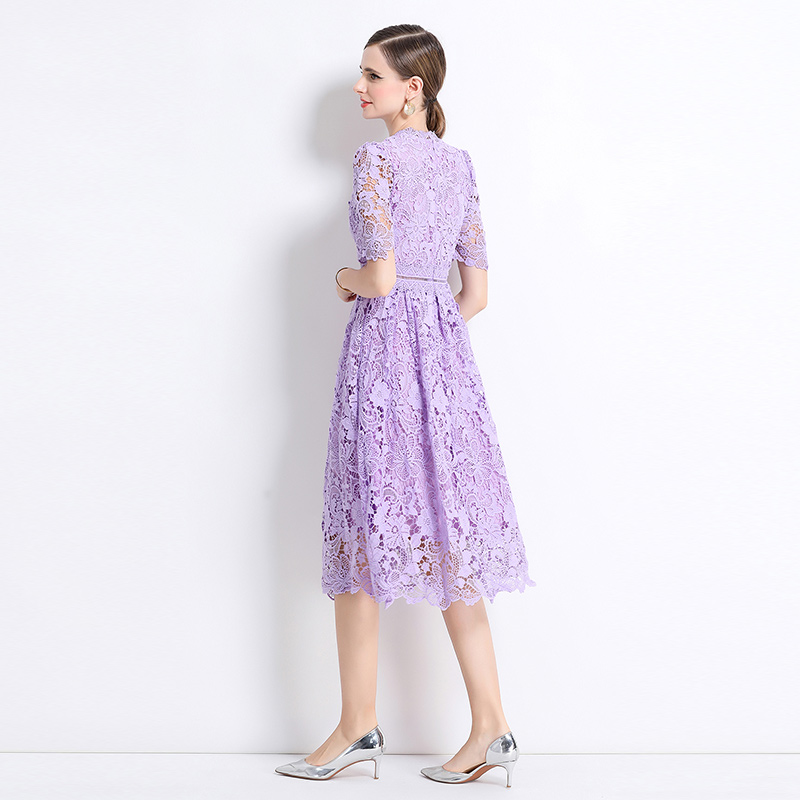 Long hollow short sleeve slim lace dress