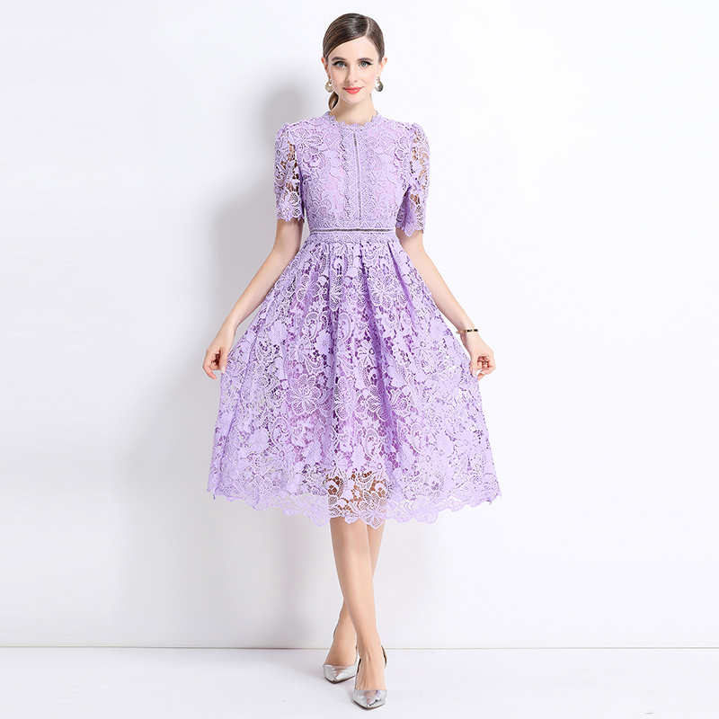 Long hollow short sleeve slim lace dress