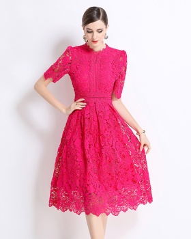 Slim long short sleeve hollow lace dress