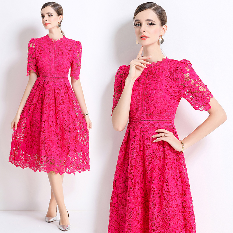 Slim long short sleeve hollow lace dress