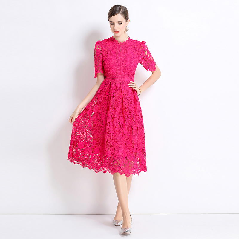 Slim long short sleeve hollow lace dress