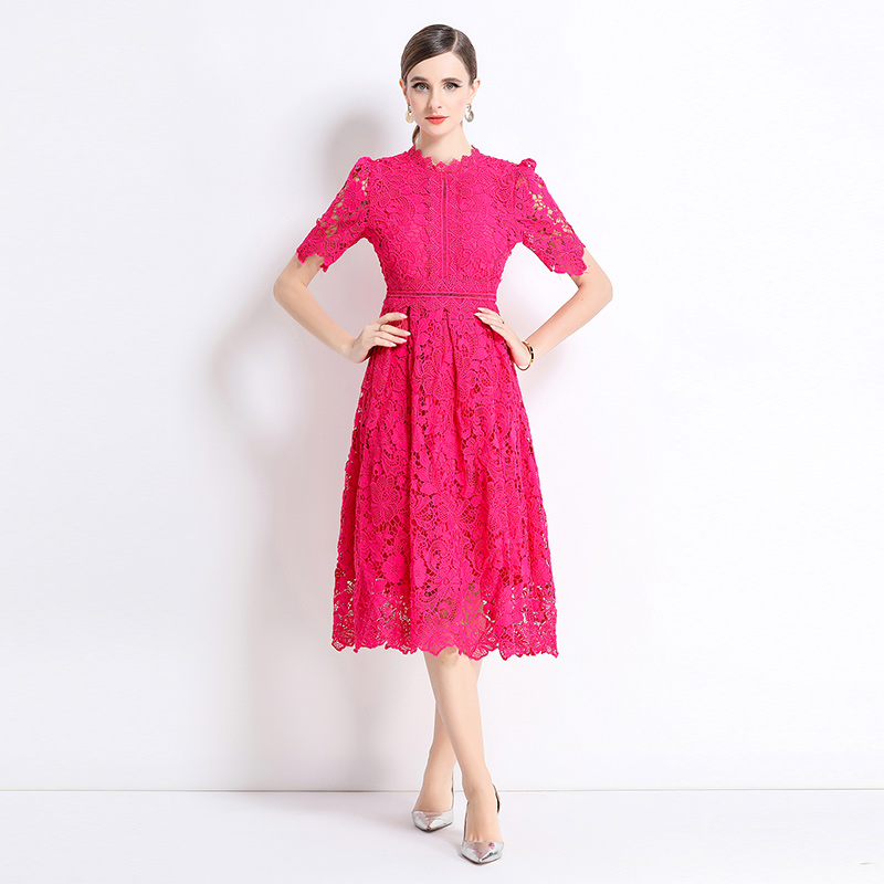 Slim long short sleeve hollow lace dress