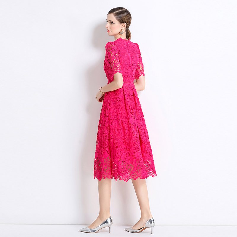 Slim long short sleeve hollow lace dress
