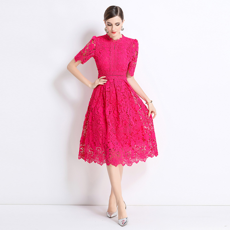 Slim long short sleeve hollow lace dress