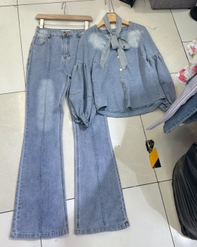 Loose niche retro tops micro speaker denim pants a set