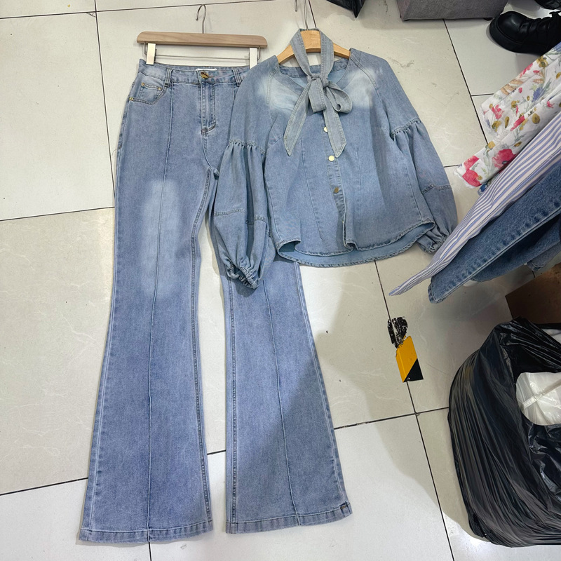 Loose niche retro tops micro speaker denim pants a set