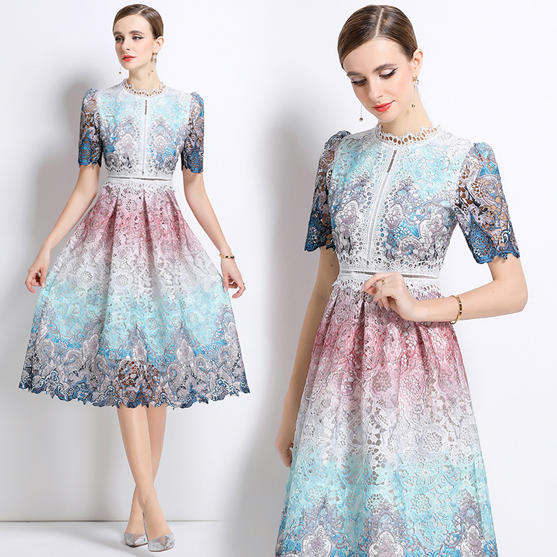 Fashion slim long lace hollow short sleeve dress