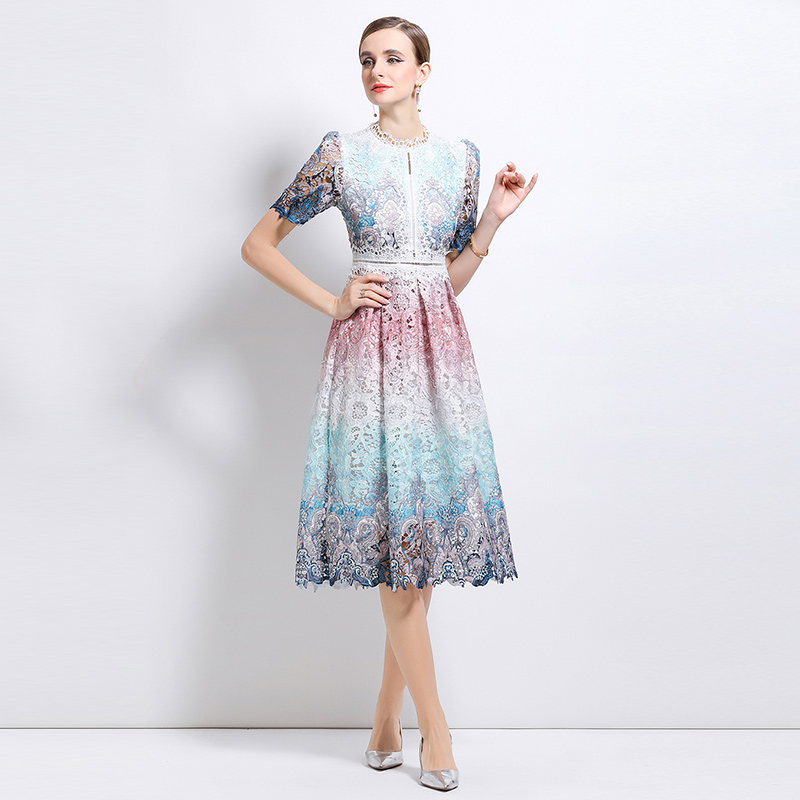 Fashion slim long lace hollow short sleeve dress