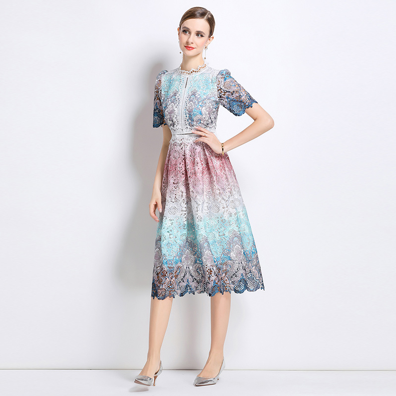 Fashion slim long lace hollow short sleeve dress
