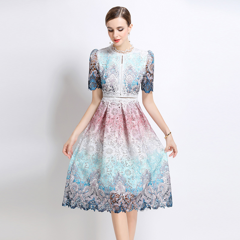 Fashion slim long lace hollow short sleeve dress