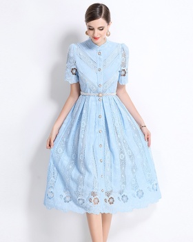 Hollow slim printing laser long sleeve dress